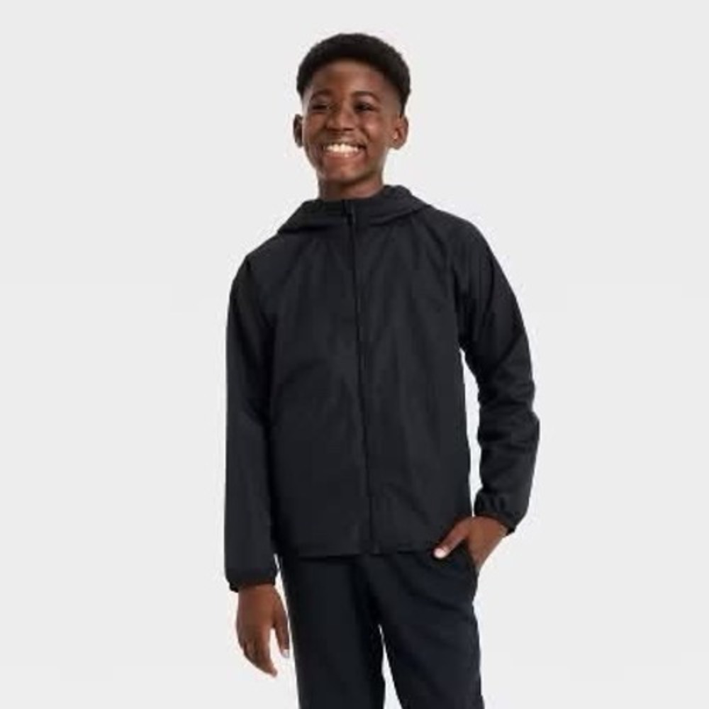 All in Motion Boys Rain Jacket Black Hooded Windbreaker Full Zip Coat